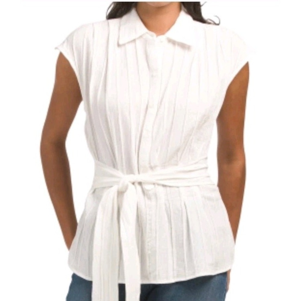 Max Studio Women's Sz 3X White Woven Cotton Front Tie Cap Sleeve Button Down Top